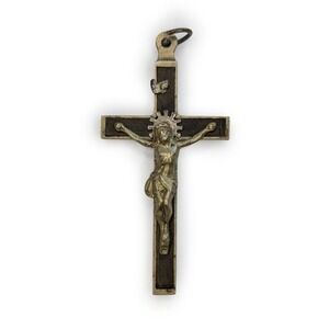 Antique 1900s Pectoral Cross Crucifix ebony wood inlay